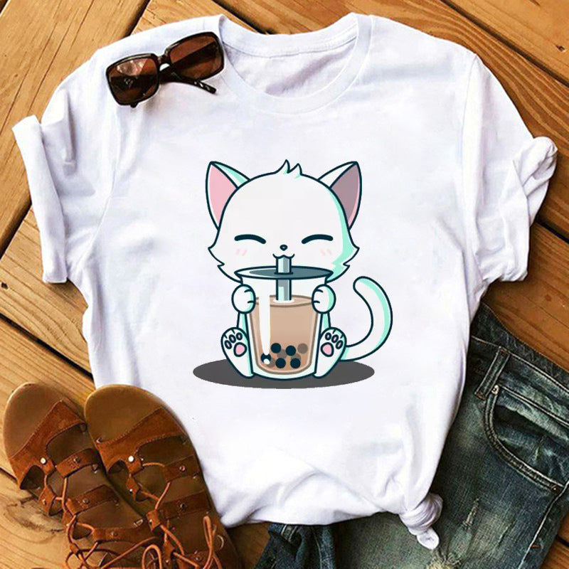 Cute Milk Tea Print, Short Sleeve For Women